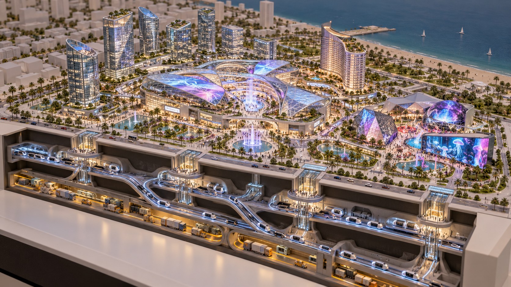 Maqueta conceptual aérea con centro comercial, torres y sistema de movilidad subterráneo