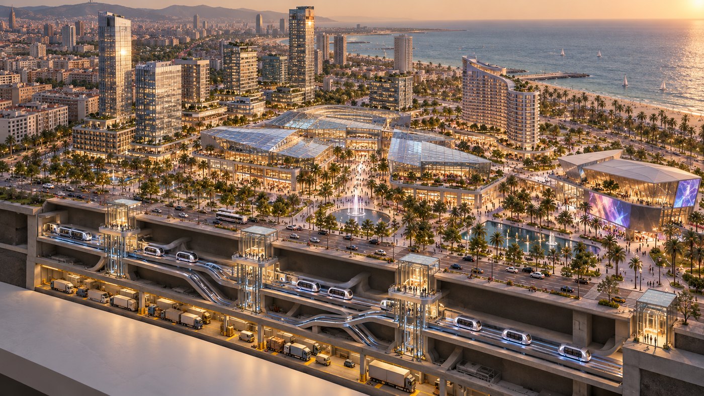 Vista conceptual realista de un distrito innovador en la costa de Barcelona